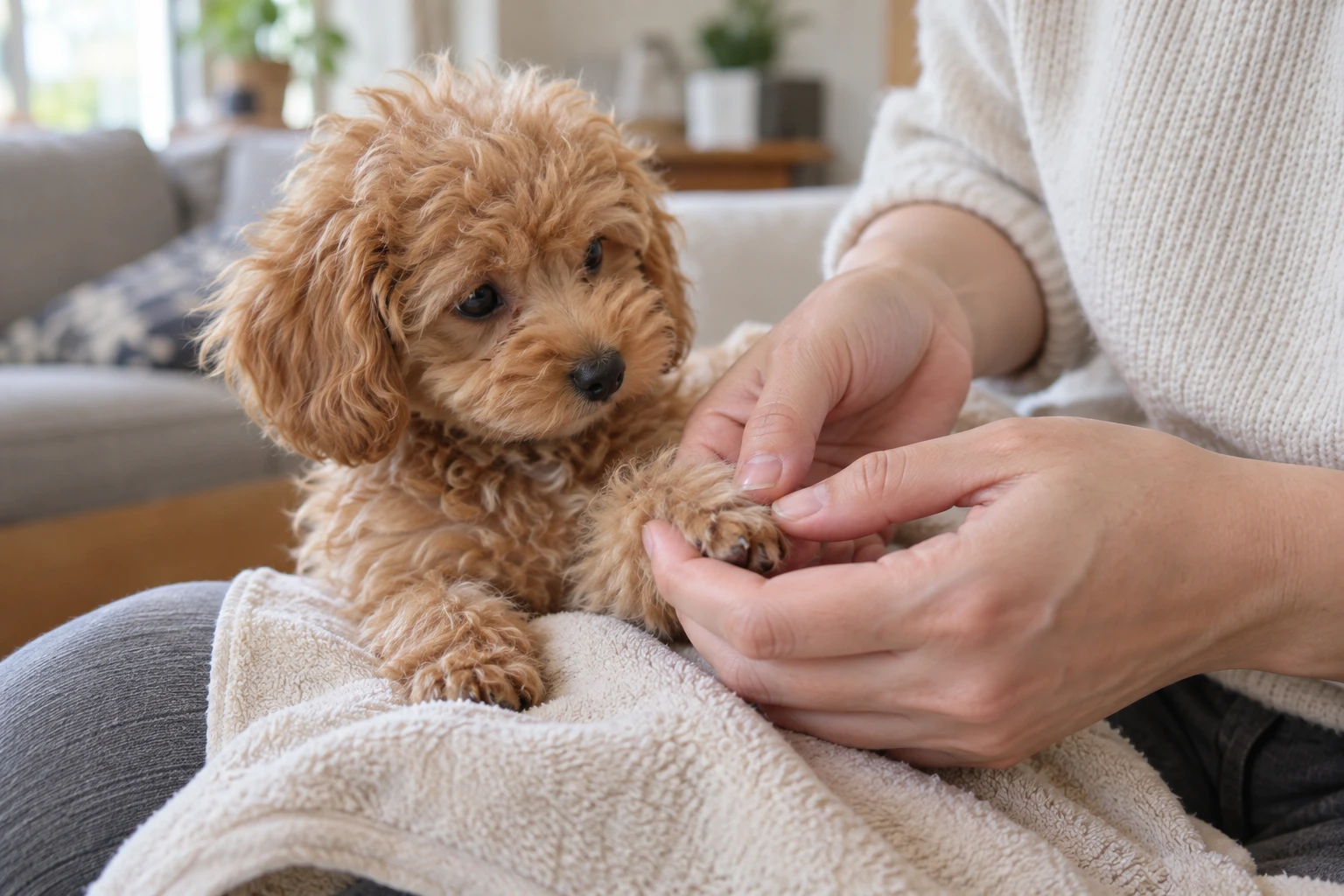 Prima toelettatura del cucciolo: quando farla e come prepararlo Mani che toccano delicatamente la zampa di un cucciolo a casa, esercizio di preparazione