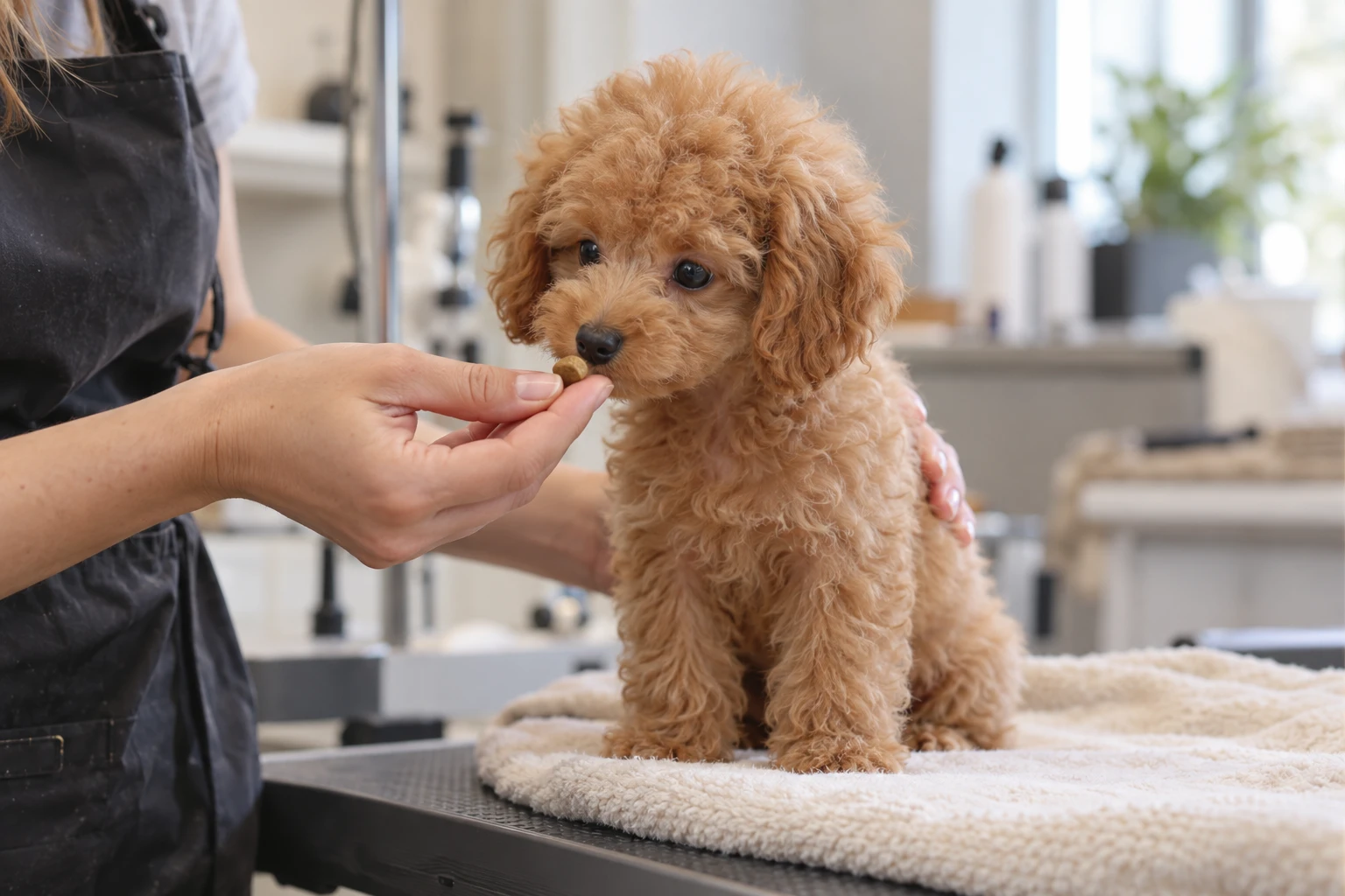 Prima toelettatura del cucciolo: quando farla e come prepararlo Cucciolo riceve un premietto dalla toelettatrice durante la seduta