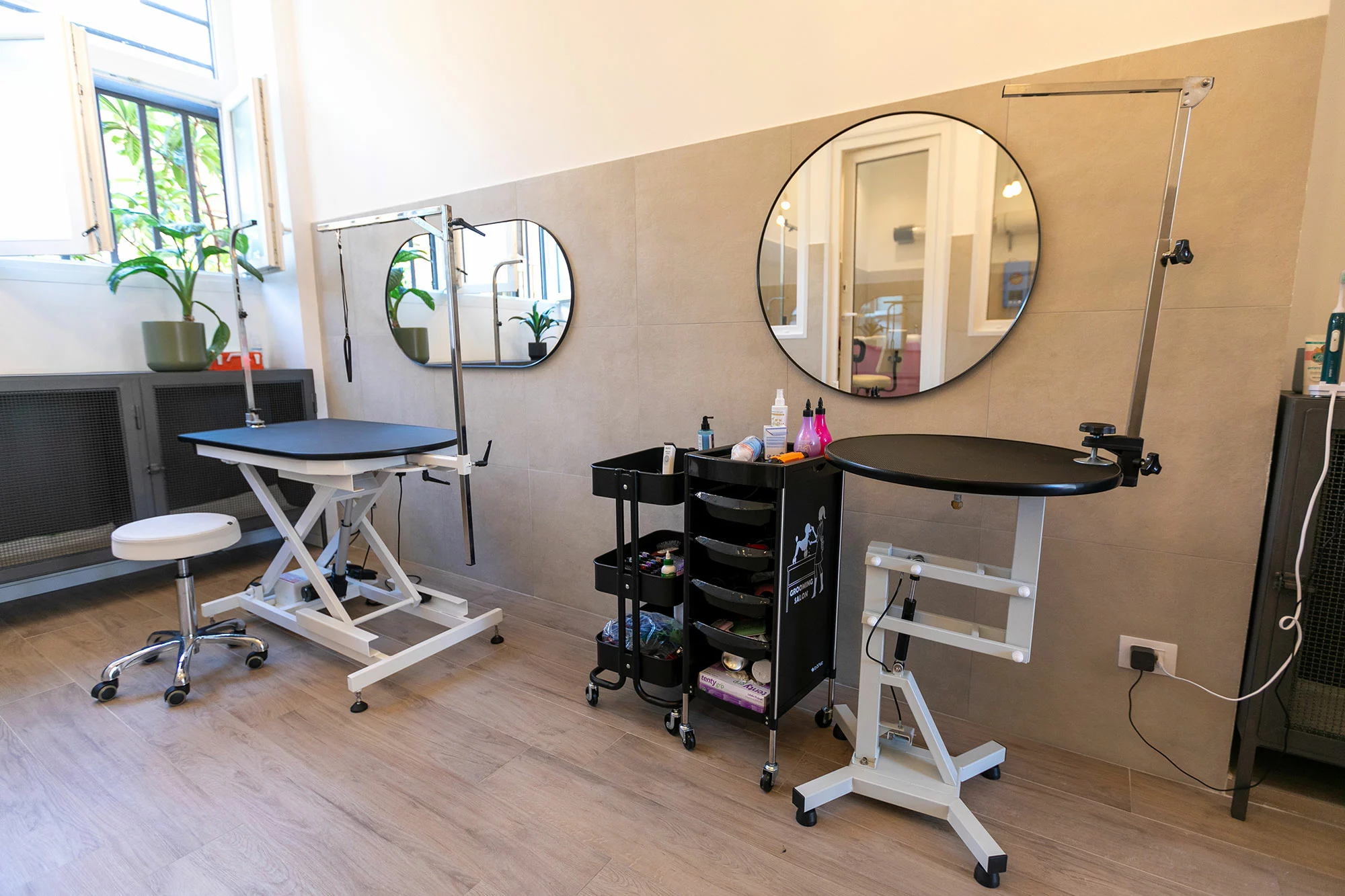 Sala di toelettatura pulita e organizzata con tavoli professionali, specchi e carrello porta-attrezzi