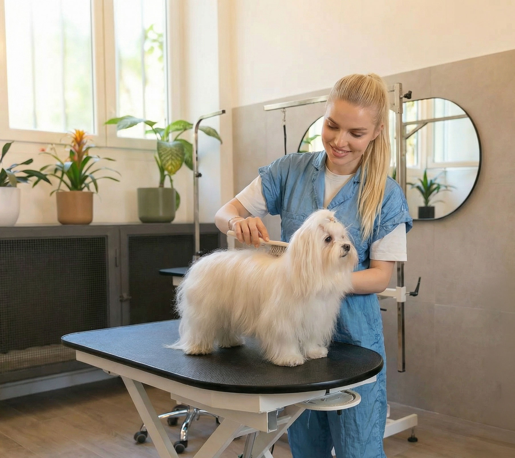 Toelettatrice spazzola con cura il pelo di un cane bianco durante la seduta
